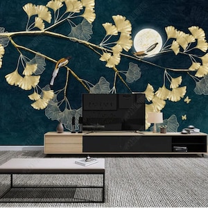 Chinoiserie Ginkgo Baum Wallpaper Wandbild: Vogelzweig Wanddekor