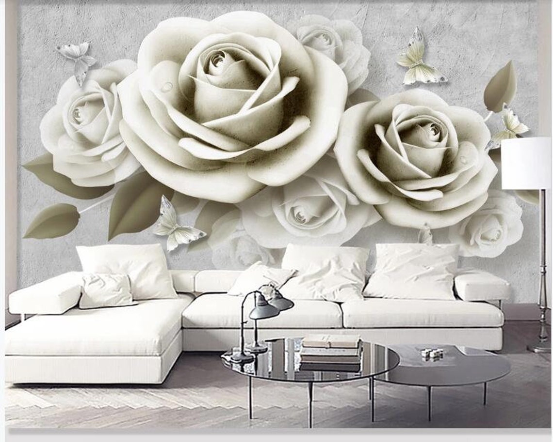 3D Rose Floral Wallpaper Mural: Butterfly Wall Decor - Etsy
