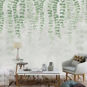Papier peint photo : Feuilles peintes sur le dessus, décoration murale dans le salon, feuilles tropicales, décoration murale feuilles tropicales sur fond gris