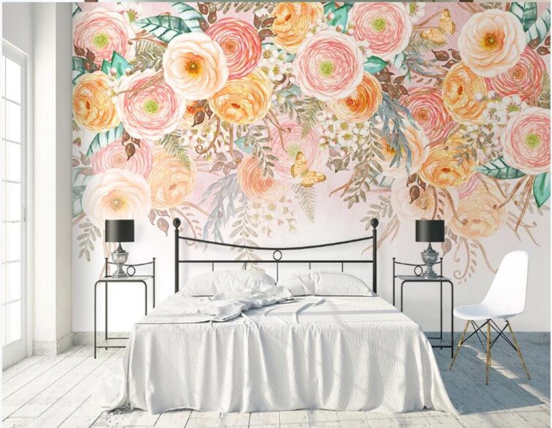 Charming Ombre Orange Pink Flowers Floral Wallpaper Wall Mural, Hanging ...