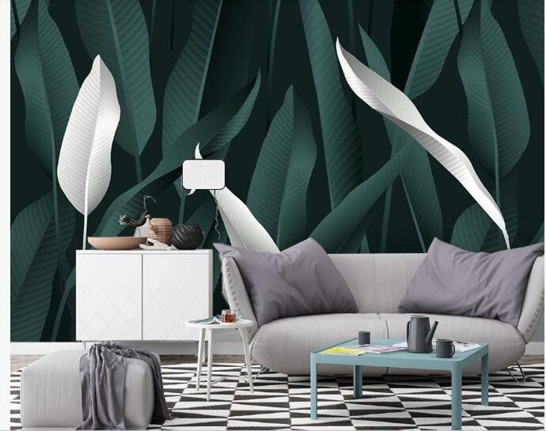 Creative Tropical Plants Leaves Leaf Wall Mural Home Decor Oil Painting Dark Green Tropical Plants with Leaves Wallpaper Wall Mural