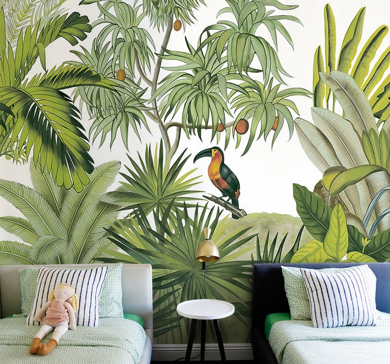 hand painted tropical rainforest jungle wallpaper wall mural | etsy