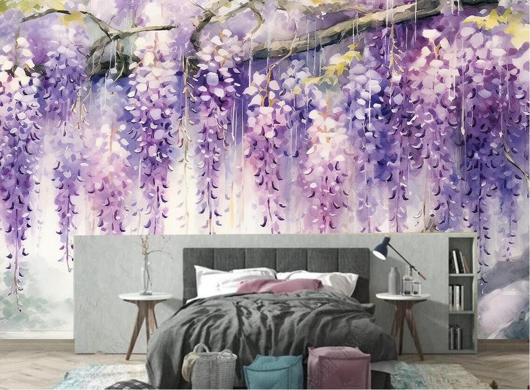 Oil Painting Hanging Wisteria Flowers Wallpaper Wall Mural for Bedroom ...