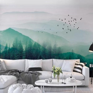 Foggy Forests Landscape Wallpaper Wall Mural, Scerene Forest with Fog Misty Forest Trees Mountains  Flying Birds Landscape Wall Mural