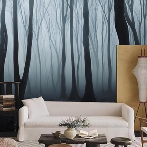 Horror Foggy Mystery Forest at Night Time, Scary Scene Trees Forest Wallpaper Wall Mural