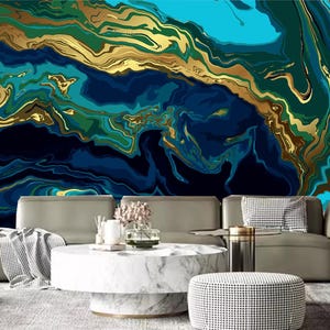 Blaue Marmor Tapete: Goldene abstrakte Wirbel, Luxus-Stil Wandbild