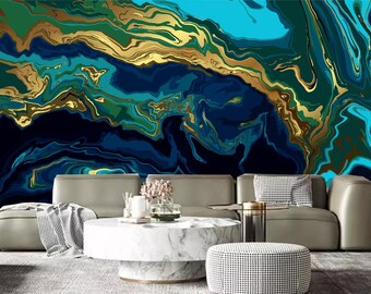 Luxury Wallpaper. Blue Marble and Gold Abstract, Indigo Ocean Blue Marbling with Natural Luxury Style Swirls of Marble and Gold Powder Mural