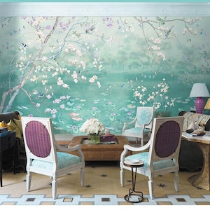 Oil Painting Chinoiserie Mural Wallpaper Repeat, Blooming Flowers Birds Wallpaper Wall Mural, Abstract Hand Painted Flowers Wall Mural