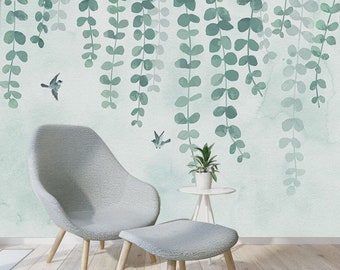 Hanging Olive Green Leaves Wallpaper Wall Mural,Green Vine Branch Watercolor Wallpaper Wall Murals, Simple Wallpaper for Bedroom Living Room