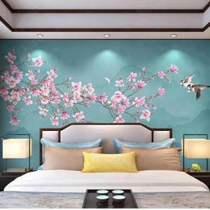 Chinoiserie Hanging Magnolia Blossom Flowers Tree Wallpaper Wall Mural, Hanging Magnolia Branches Floral Wall Mural Wall Decor