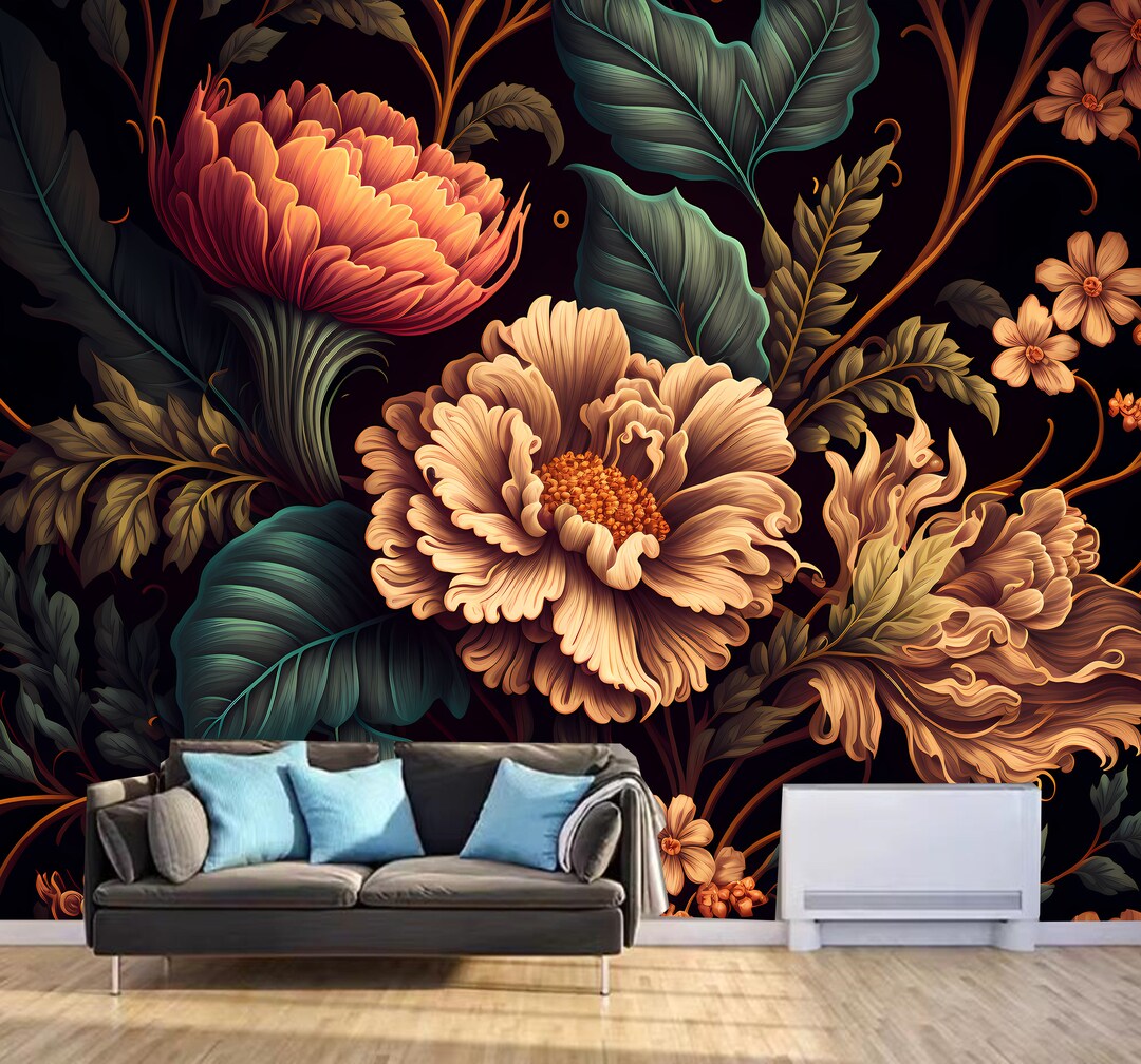 Dark Floral Wallpaper Mural: Botanical Flower Bouquet Wall Decor - Etsy