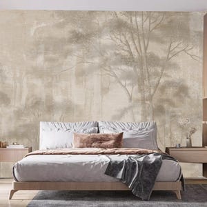 Abstract Hand Drawn Nostalgic Forest Landscape Art Wallpaper, Vintage Trees Forest Wall Mural for Bedroom Living Room Wall Decor Home Decor