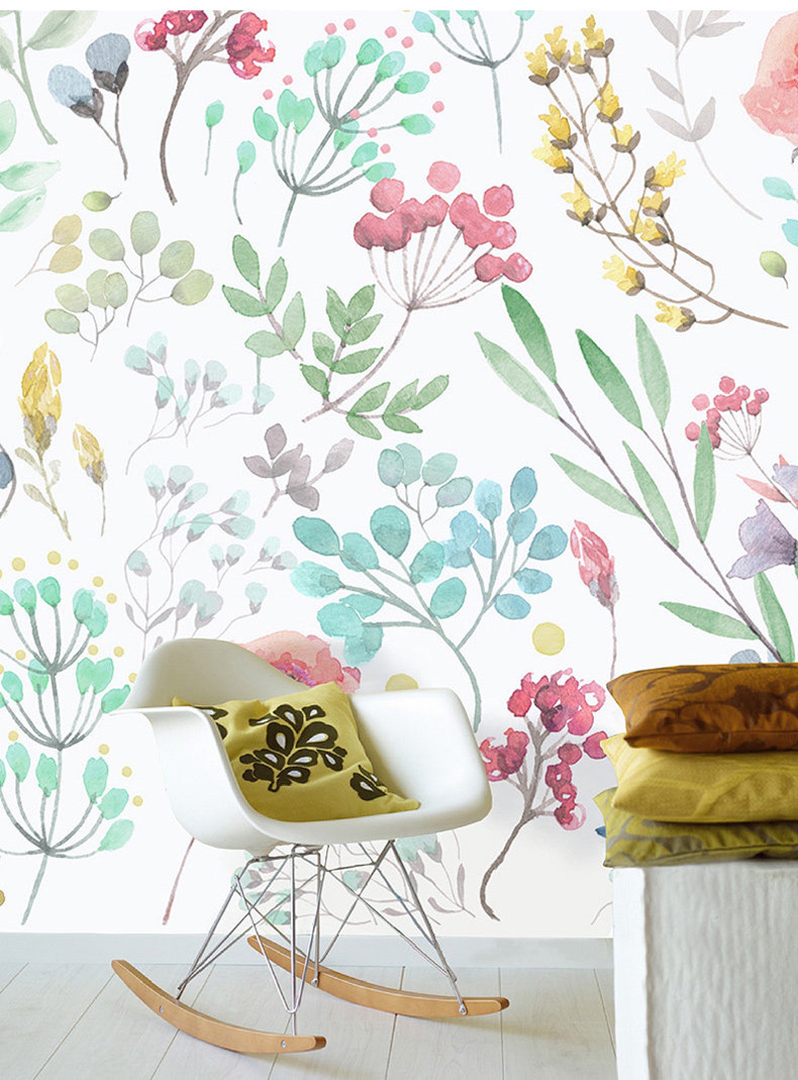 Watercolor Hand Painted Floral Wallpaper Wall Mural Garden Etsy