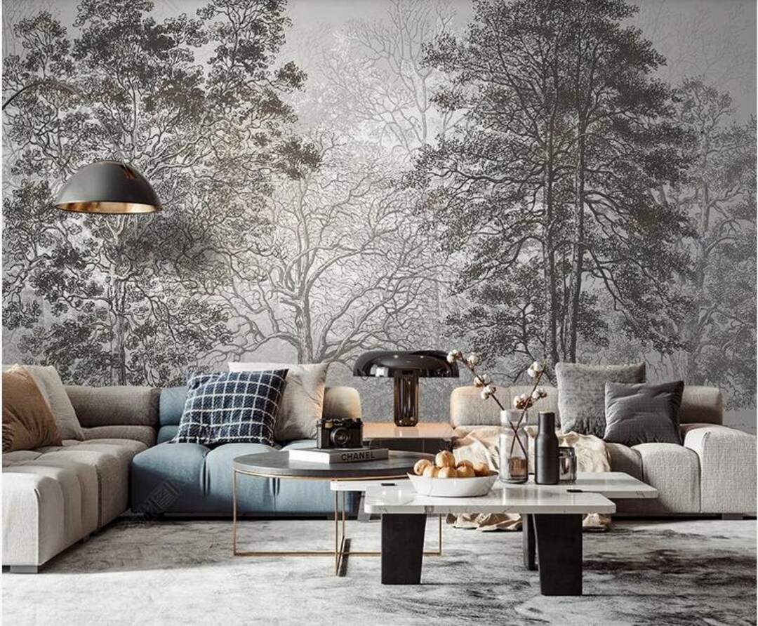 Gray Trees Wallpaper Wall Mural, Trees Forest Wall Mural Etsy