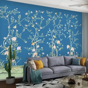 Feiner Pinselstrich Chinoiserie Tapete Wandbild, Blau/Gelber Hintergrund Kirschzweige mit Vögeln Wandbild Wanddekor
