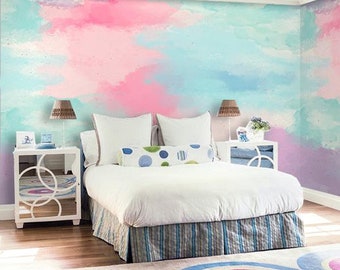 Beautiful Colorful Clouds Nursery Wallpaper Wall Mural, Abstract Clouds Pink Blue Green Kids Children Wall Mural Wall Decor