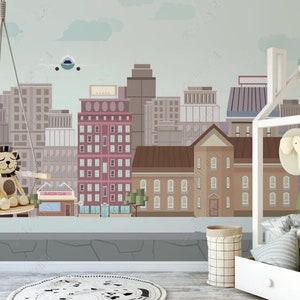 Cartoon Architectural Houses Nursery Wallpaper Wall Mural, Cartoon Architectures Town Nursery Kid Children Room Wall Mural