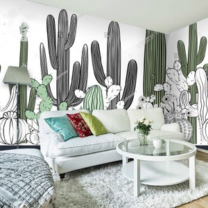 Acquerello dipinto a mano verde cactus carta da parati murale, belle piante di cactus verde murale soggiorno home decor