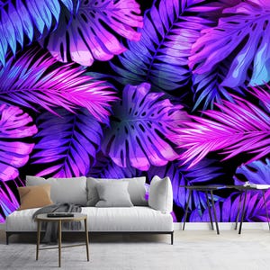 Papier peint néon tropical : décoration murale botanique de la jungle exotique