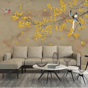 Chinoiserie Hanging Ginkgo Branch Wallpaper Wall Mural Living Room Bedroom Home Decor