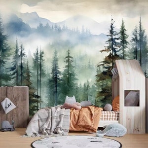 Papier peint de pépinière de paysage de forêt de sapins d'aquarelle, décoration murale de forêt de sapins de chambre d'enfant