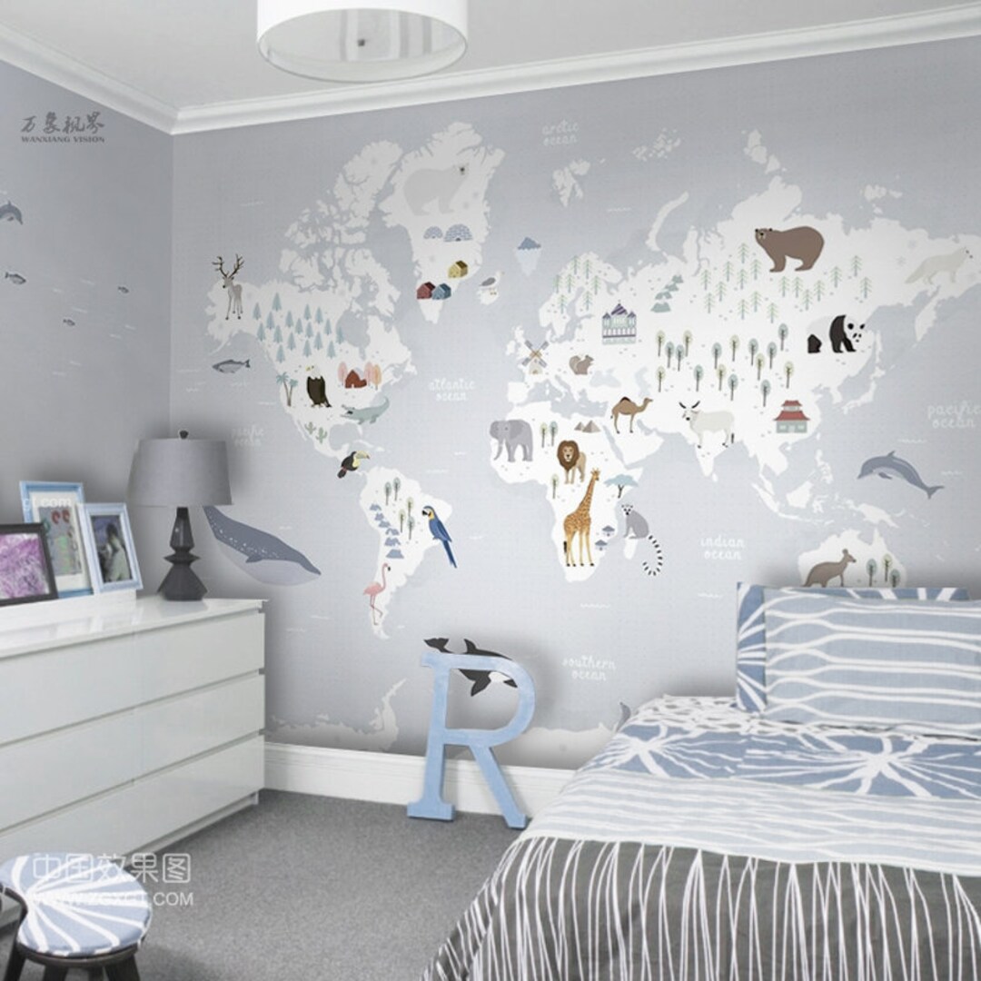 Soft Color World Map Nursery Wallpaper Wall Mural, World Map With