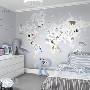 Weiche Farbe Weltkarte Kinderzimmer Tapete Wandbild, Weltkarte mit Cartoon Tiere Ozean Tiere Kinder Kinder Wandbild Tiere Wandbild