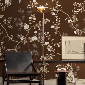 Hand bemalt Kirschblüte Bäume Tapete Wand, die Wandbild, Schokolade Backgroud Chinoiserie Blumen und Vögel Wand Wandbild Wll Dekor