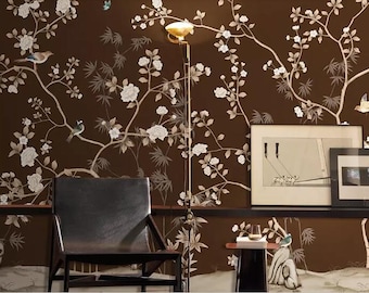 Cherry Blossom Tree Wallpaper Mural: Chocolate Brown Chinoiserie