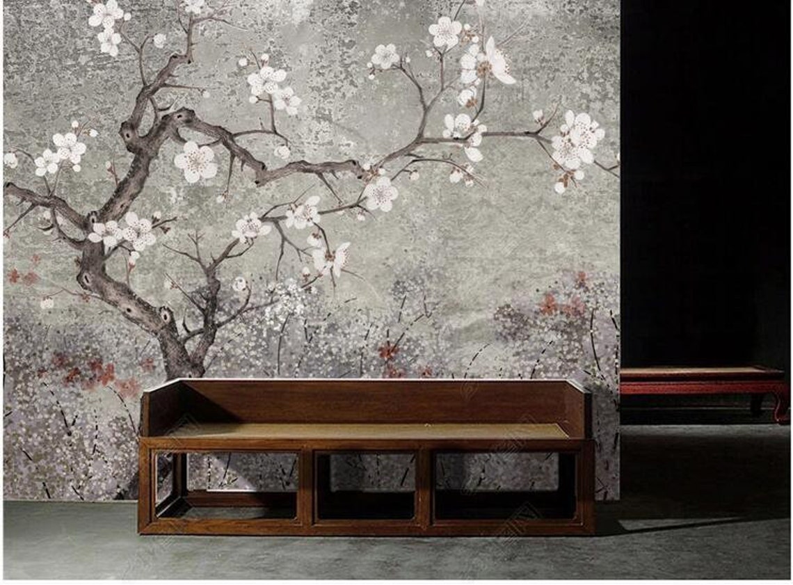 Vintage Chinoiserie Cherry Blossom Wallpaper Wall Mural Grey - Etsy