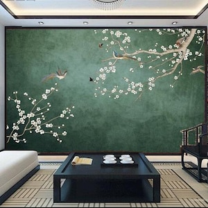 Fine Brushwork Chinoiserie Cherry Tree Wallpaper Wall Mural, Dark Green Backgroud Cherry Branches Birds &Flowers Cherry Branches Wall Mural