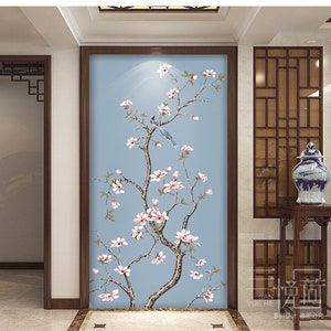 Mural de papel de parede com pássaros e flores da China: decoração de parede oriental