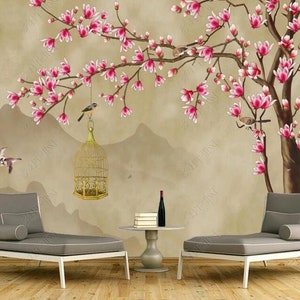 Fine Brushwork One Large Magnolia Flowers Tree Chinoiserie Wallpaper Wall Mural Wall Decor