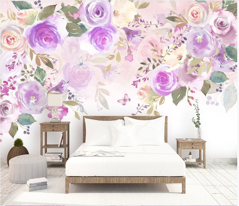 Watercolor Purple Roses Flowers Floral Wallpaper Wall Mural | Etsy
