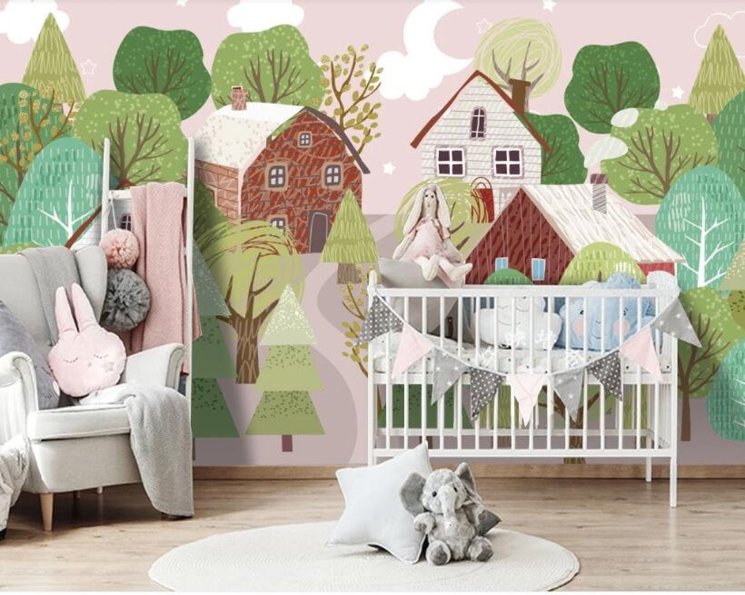 Watercolor Cartoon Forest Wallpaper Mural: Kids Nursery Decor - Etsy