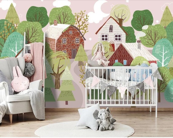 Cartoon Forest With House Nursery Wallpaper Wall Mural - Etsy
