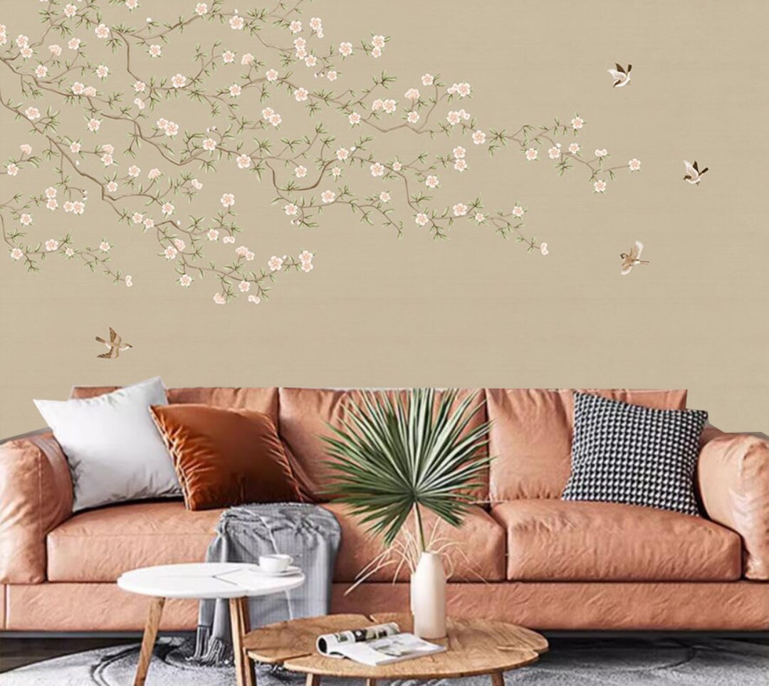 Chinoiserie Cherry Blossom Wallpaper Mural: Birds & Vines Wall Decor - Etsy