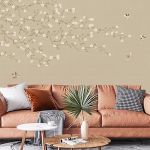 Delicate Chinoiserie Hanging Cherry Blossom Wallpaper Wall Mural, Flowers with Birds Vines Chinoiserie Wall Mural Wall Decor