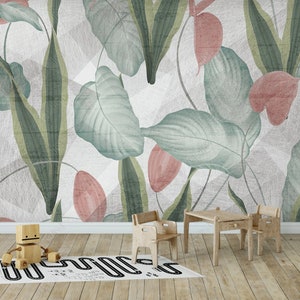 Originale moderno minimalista, retro verde pianta tropicale foglia sfondo murale carta da parati
