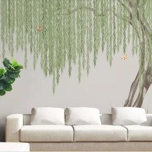 One Large Weeping Willow Tree Wallpaper Wall Mural, Hanging Green Willow Leaves Wall Mural, Green Willow Tree Wall Nursery Mural Wall Decor