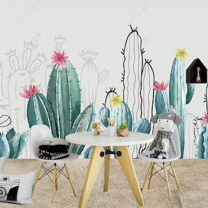 Carta da parati murale per bambini con cactus ad acquerello, decorazione murale per bambini con piante di cactus