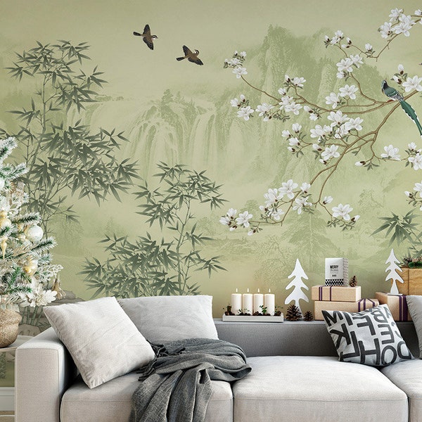 Lemon Green Landscape Scenic Wallpaper Wall Mural, Moutains Trees Bamboo Birds Flowers Wall Decal, Bedroom Living Room Wallpaper