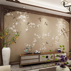 Chinoiserie Cherry Blossom Branch Wallpaper Mural: Home Decor