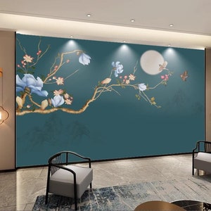 Chinoiserie Magnolia Branch Wallpaper Wall Mural, Magnolia Flowers with Birds Wall Mural for Living Room Bedroom Wall Decor Home Decor
