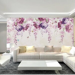 Watercolor Hanging Flowers Floral Wallpaper Wall Mural, Pink Flowers ...