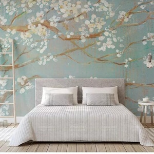 Astratto olio pittura bianco fiore fiori muro muro di carta murale, ciliegia fioriso floreale pittura Murali