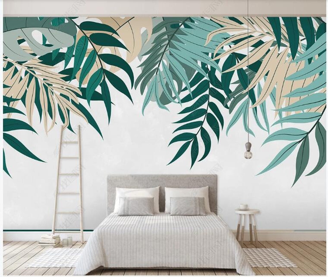Hanging Dark Green Leaves Wallpaper Wall Mural Dark Green Etsy