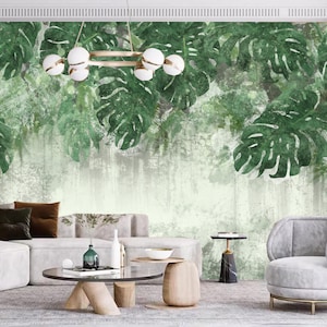 Oil Painting Leaves Aestheticism Wallpaper, Tropical Leaves with a Textured Background in Light Green Tones Wall Mural Wall Decor