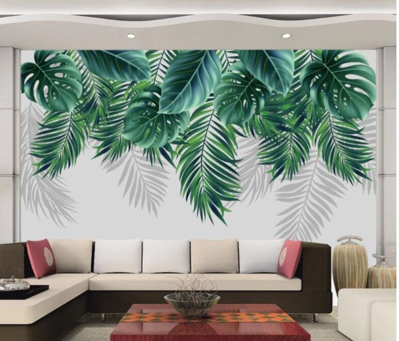 Hanging Tropical Leaves Wallpaper Wall Mural Beautiful Etsy