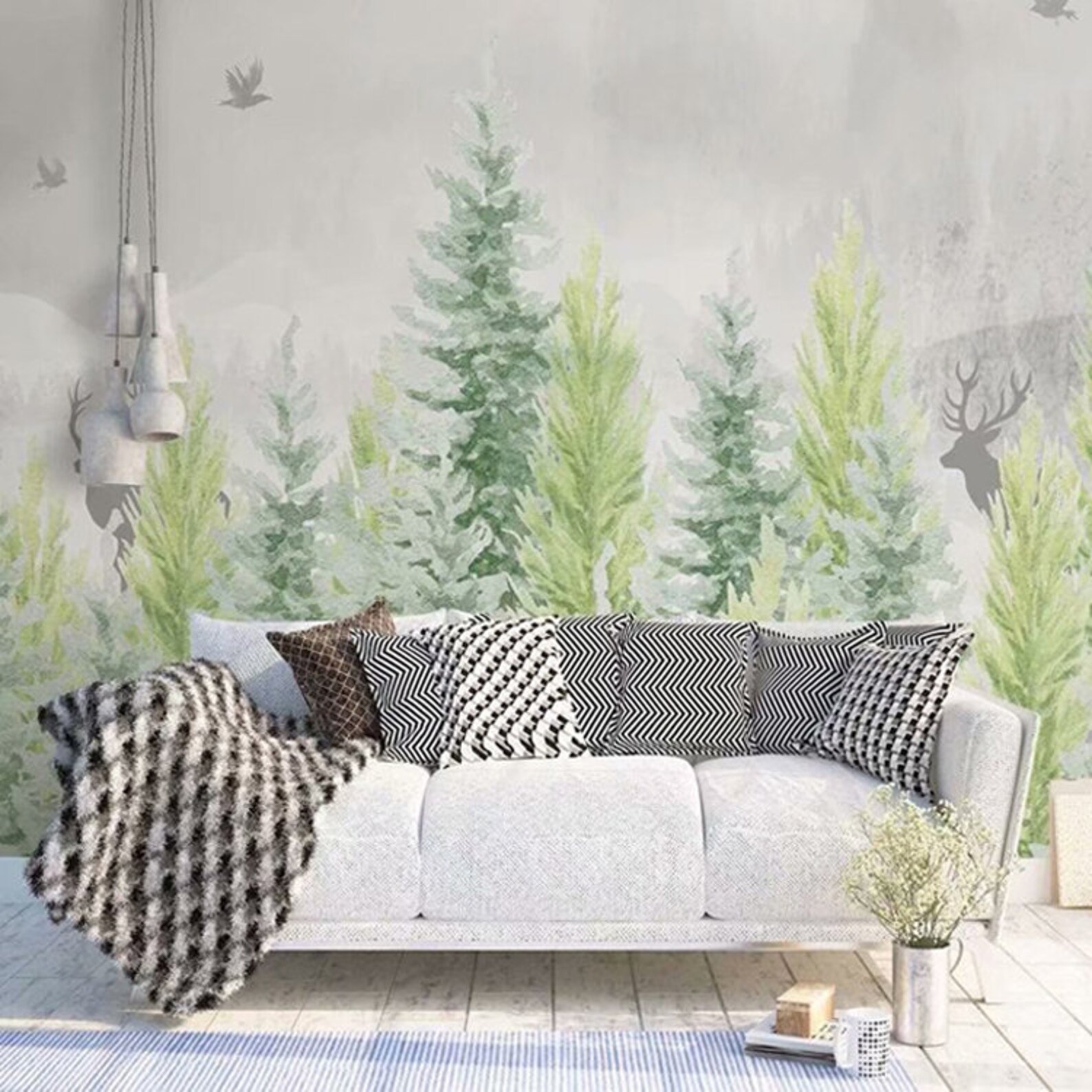 Hand Painted Pines Trees Wallpaper Wall Mural Oil Painting Etsy